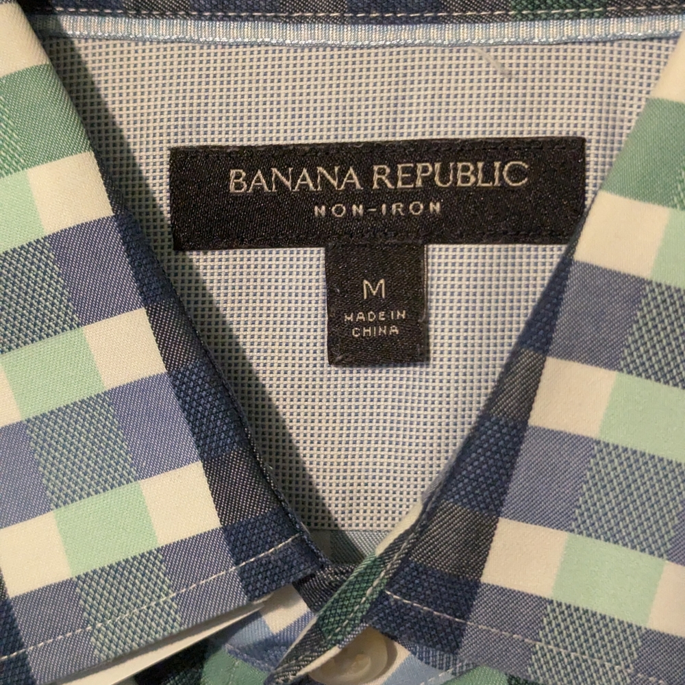 Banana Republic Men's Blue and Green Checkered Shirt